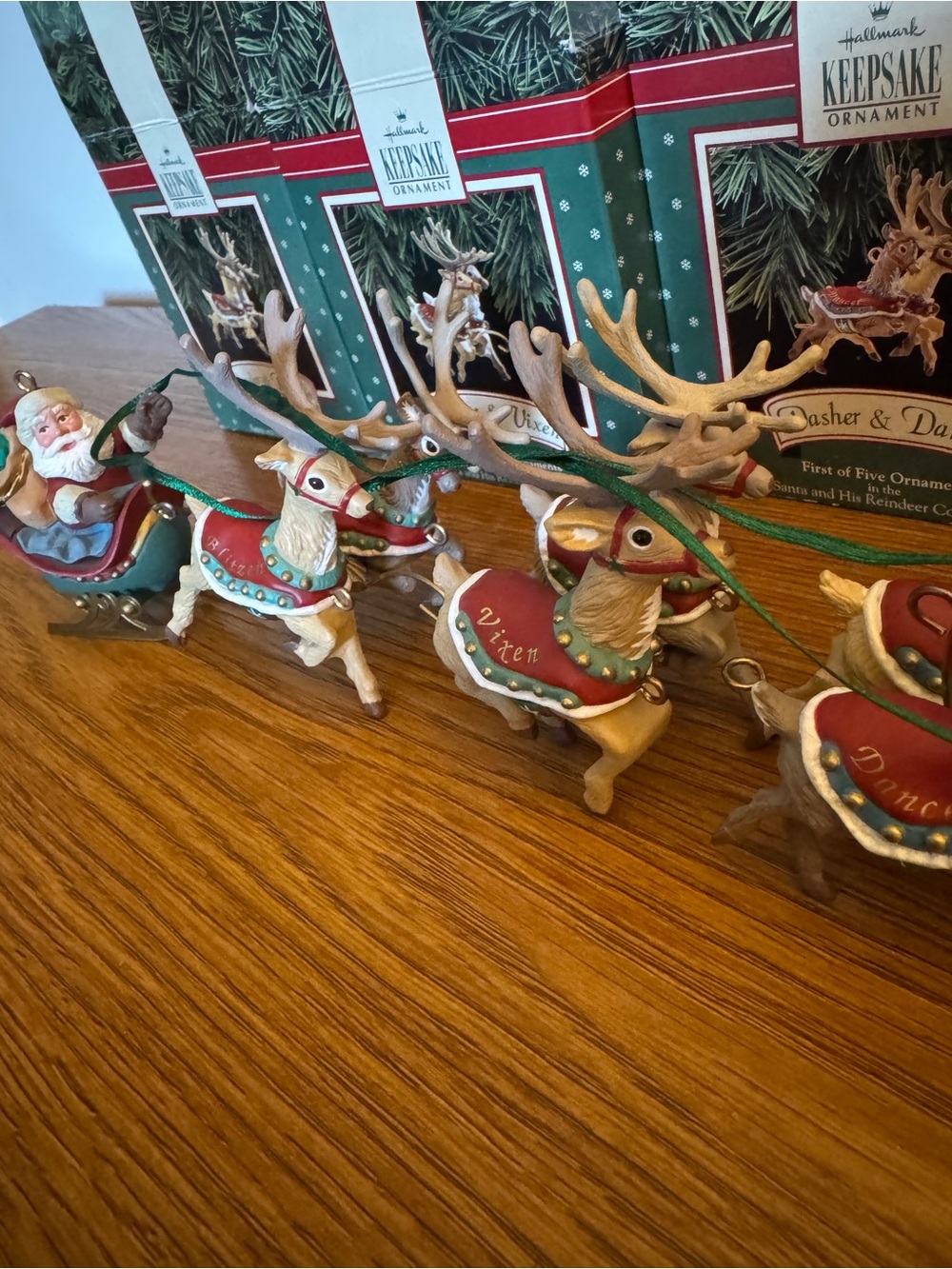 Hallmark Santa and his Reindeer Ornament Set in Red, Green, Gold